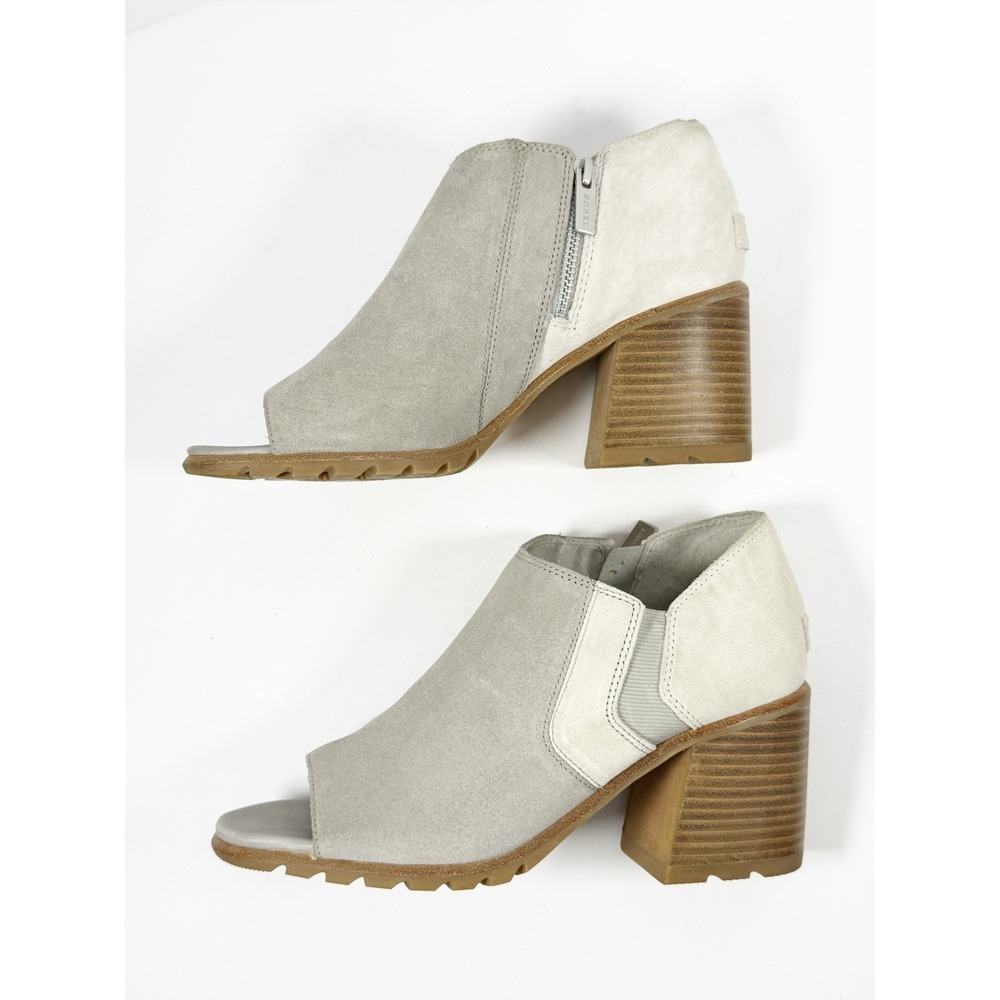 Sorel Nadia Peep Toe Bootie Suede Leather Block Heel Chunky Boho Gray Size 9.5 - Picture 1 of 14